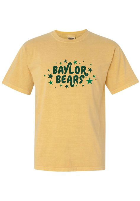 Let everyone know who you root for in this Baylor Bears Yellow Star Short Sleeve T-Shirt! This Baylor Short Sleeve Tee features a screen print team name surrounded by stars. Comfort Colors brand, 100% ring spun cotton, Soft hand, washed garment dyed fabric, Double needle collar, armhole, sleeve and bottom hems, Twill taped neck and shoulders, Twill joker label, Screen print, 100% Cotton, 4 School Club Tee Shirt Designs, School Club Tshirt Designs, College Tshirt Designs Shirt Ideas, Cute College Shirts, College Shirts Design, School Merchandise Ideas, College Tshirt Designs, College Shirt Ideas, School Club Shirts