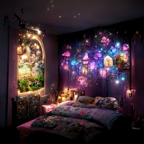 Bedroom Inspirations Fairycore, Fairy Closet Aesthetic, Magical Forest Bedroom Aesthetic, Fairy Whimsical Bedroom, Bedroom Fantasy Decor, Magical Garden Bedroom, Mushroom Fairy Bedroom, Magical Dorm Room, Fairy Tail Room Decor