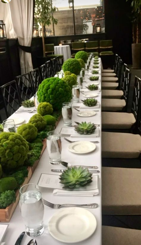 Green Moss Centerpieces, Green Floral Arrangements Simple, Bonsai Wedding, Natural Dining Table Decor, Moss Wedding Table Decor, Moss Arch, Long Table Arrangements, Moss Tablescape, Moss Table Decor