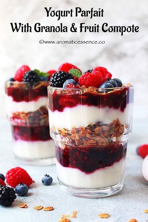 Yogurt Parfait With Granola And Fruit Compote (Vegan) - Aromatic Essence Vegan Yogurt Parfait, Fruit Parfait Recipes, Yogurt Parfait Bar, Healthy Yogurt Parfait, Low Sugar Yogurt, Yoghurt Parfait, Yogurt Parfait Recipe, Fruit And Yogurt Parfait, Parfait Recipe