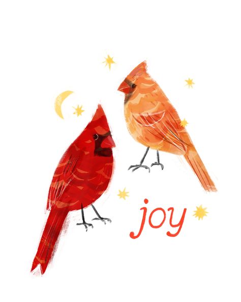 A painting of male and female cardinals with moon and stars and the hand lettered word joy Cardinal Illustration, Whimsical Cardinal Art, Cardinal Bird Illustration, Male And Female Cardinal Painting, Watercolor Female Cardinal, Cardinal Print, Word Joy, Winter Solstice, Cardinals