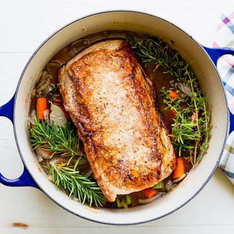 Tender and juicy, this Dutch oven pork roast transforms an affordable cut of meat into a delicious comfort food dinner. The pork loin slowly bakes in an apple cider broth with potatoes, veggies, and herbs. A quick pan gravy adds the perfect finishing touch! Pork Tenderloin Dutch Oven, Dutch Oven Pork Roast, Oven Pork Roast, Roast With Onion Soup Mix, Dutch Oven Pork, Boneless Pork Loin Recipes, Boneless Pork Loin Roast, Boneless Pork Roast, Mead Recipe