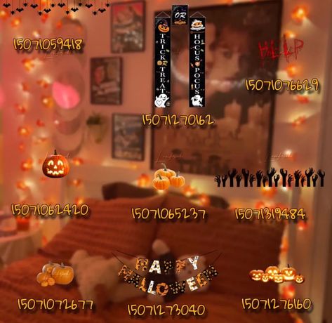 Bloxburg Halloween/fall decals Bloxburg Halloween Decals, Bloxburg Halloween, Winter House Exterior, Fall Decal, Bloxburg Decals Codes Aesthetic, Blocksburg Room Ideas￼, Roblox Image Ids, Bloxburg Decals Codes Wallpaper, Free House Design