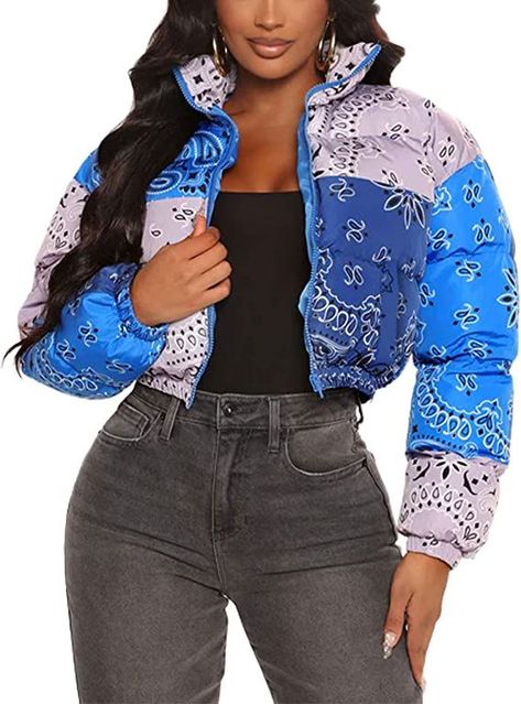 Bianstore Women's Cute Cropped Zip Up Puffer Jacket Short Bubble Coat with Pockets Bandana Puffer Jacket, Puffer Jacket Short, Puffer Jacket Cropped, Orange Puffer Jacket, Bubble Coat, Blue Bandana, Buy Clothes Online, Cropped Zip Up, Bandana Design