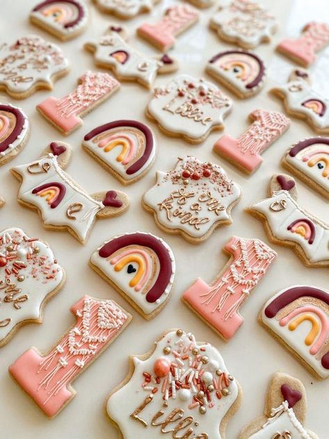 Boho 1st Birthday Cookies, One Sweet One Birthday, Boho First Birthday Cookies, Boho Rainbow Cookies, Boho Rainbow First Birthday Party, Rainbow First Birthday Party, Boho Rainbow First Birthday, Boho Rainbow Birthday Party, Boho Rainbow Party