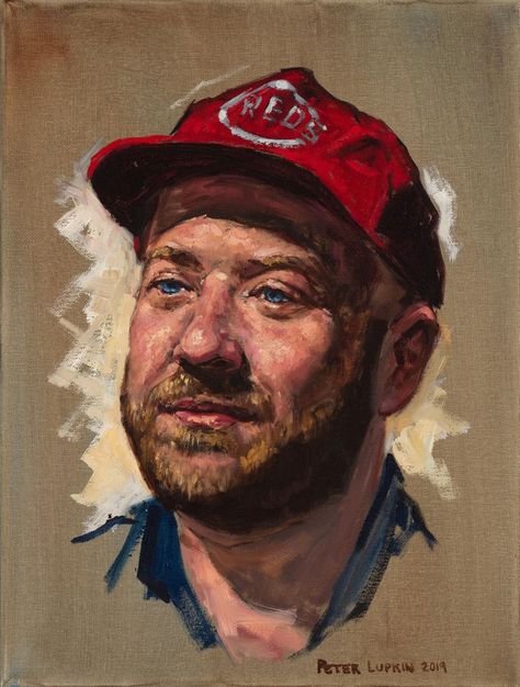 Men With Cap, Pink Skin Tone, Stained Glass Studio, Cincinnati Reds Baseball, Moral Philosophy, Bright Blue Eyes, Paint Canvas, Reds Baseball, Base Ball