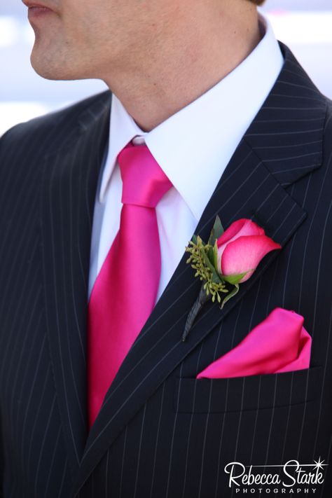 a groom with hot pink accessories Best Wedding Suits, Fuchsia Wedding, Bright Pink Dresses, Hot Pink Weddings, Mens Wedding Attire, Pink Prom, Plaza Hotel, Black Hot Pink, Navy Wedding