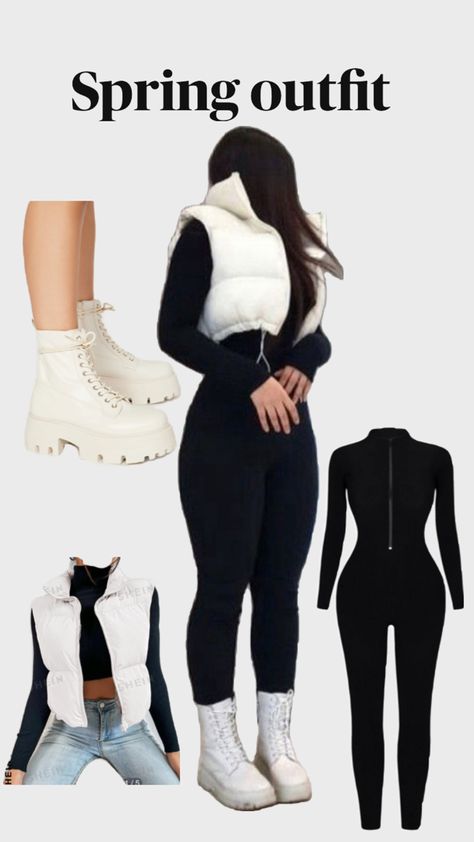 White sleeveless puffer jacket, black full-body jumpsuit, white lace up boots White Lace Up Boots, Full Body Jumpsuit, Sleeveless Puffer Jacket, Puffer Outfit, Black Lace Boots, Sleeveless Puffer, Jumpsuit White, Sleeveless Jacket, White Sleeveless