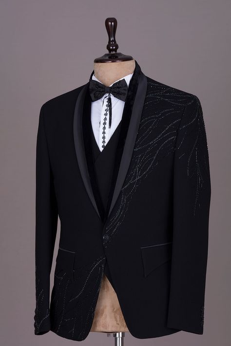 Buy Black Cutdana Embroidered Italian Tuxedo Suit Online | Samyakk Night Wedding Men Suit, Black Suit Designs For Men, Work Coats Mens, Suit With Embroidery Men, Unique Blazers For Men, Engagement Suits For Men Groom Style, Embroidery Tuxedo Men, Tuxedo For Men Wedding Groom Style, Party Wear Suits For Men