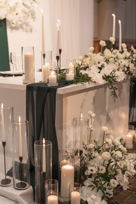 Black White And Emerald Wedding, Emerald Green Moody Wedding, Dark Green Wedding Accents, Wedding Decor Dark Green, Sage Green And Black Wedding Decor, White And Black Sweetheart Table, Black Candle Holders Wedding, Black And White Green Wedding, Black White And Emerald Green Wedding