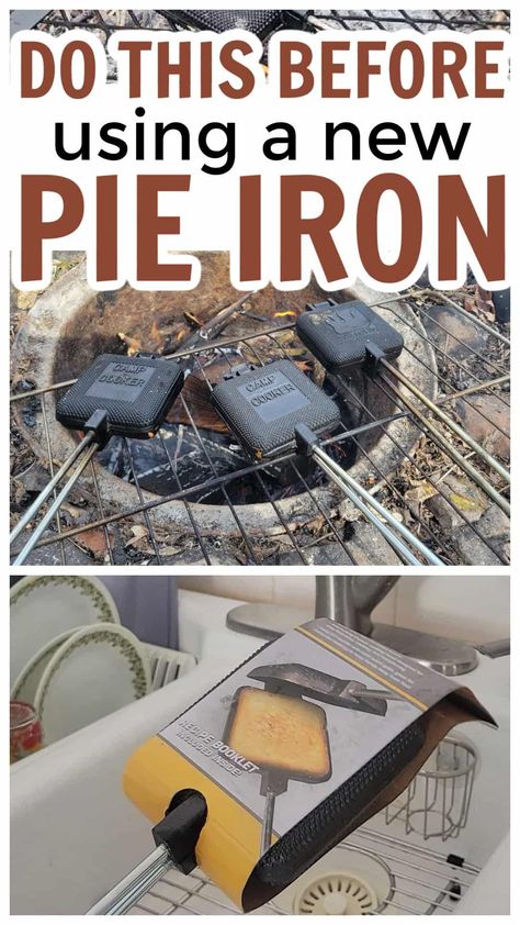 Pie irons are my favorite campfire cooking tool, but there are some tricks for prepping them, seasoning a pie iron, and cleaning them so food doesn't stick and they can last for a long time. Camping Iron Pie Recipes, Camp Fire Food On A Stick, Campfire Sandwich Pie Iron Recipes, Pie Iron Recipes Campfire, Camping Food Pie Iron, Cast Iron Pie, Pie Iron Cooking, Hobo Pies, Campfire Pies