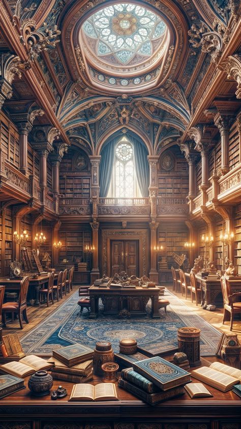 Steampunk Library, Magical Library, Dnd Backgrounds, Fairytale House, Productive Work, Anime Places, Fantasy World Map, Luxury Room Bedroom, Library Aesthetic