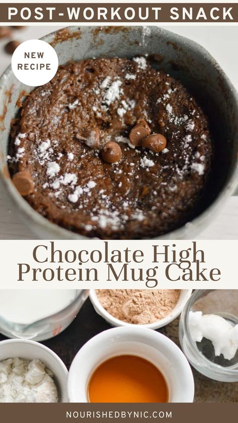 Chocolate High Protein Mug Cake High Protein Mug Cake, Single Serve Protein Dessert, Protein Mug Cake, Protein Powder Mug Cake Easy, Protein Powder Cake Mug, Chocolate Protein Recipes, Protein Mug Cake With Banana, Protein Mug Cake Chocolate, Chocolate Chip Protein Mug Cake