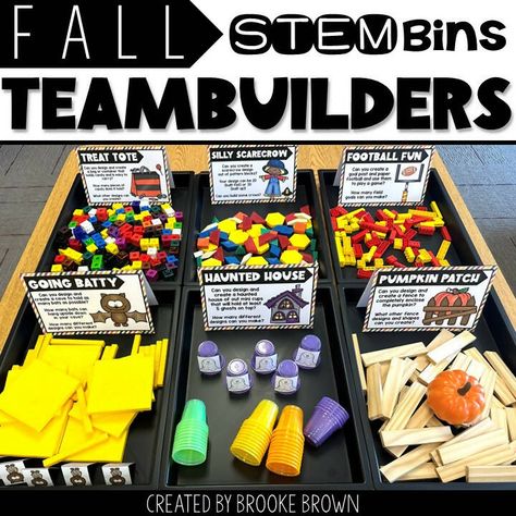 Fall STEM Bins Team Builders for Halloween and Thanksgiving K-5th Grade by Brooke Brown - Teach Outside the Box November Activities For 3rd Grade, October Team Building Activities, Stem Bins 4th Grade, Stem Bins 3rd Grade, Storybook Stem, Fall Stem Activities, Race Games, Fall Classroom Activities, Stem Bins