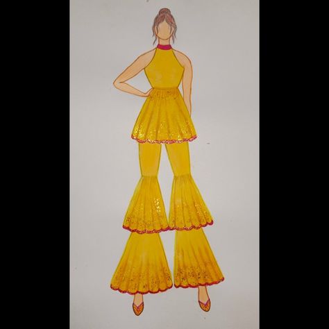 Garments Illustration, Dress Illustration Design, Sharara Outfits, Sketching Fashion, Colour Wheel Theory, Yellow Sharara, Textile Designing, Fashion Illustration Portfolio, Fashion Illustration Collage