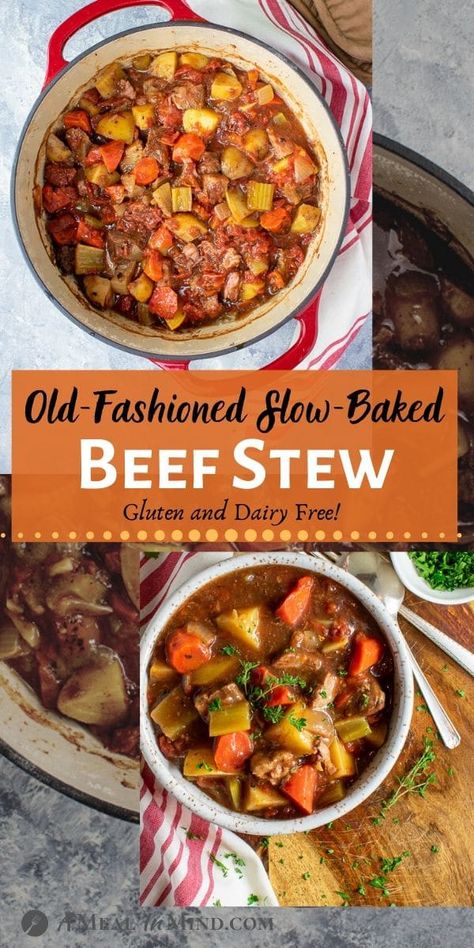 Fork-tender beef, savory potatoes and carrots, slow-baked with tomato and herb goodness! All make this old-fashioned beef stew perfect for the cooler evenings that we're having in early October. Make this for your next company meal! A Meal In Mind @amealinmind #amealinmind #beef #beefstew #slowbaked #dutchoven #roastedstew #lodge #meangreenchef #oldfashionedstew Oven Baked Beef Stew, Baked Beef Stew, Gluten Free Beef Stew, Old Fashioned Beef Stew, Gluten Free Instant Pot Recipes, Quick Gluten Free Meals, Gluten Free Soup Recipes Glutenfree, Gluten Free Recipes For Kids, Potatoes And Carrots