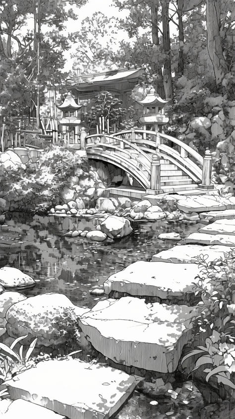 Japanese Background Drawing, Landscape Manga Panel, Japanese Garden Sketch, Japanese City Drawing, Park Scene Drawing, Anime Landscape Drawing, Manga Background Landscapes, Manga Environment, Manga Scenery