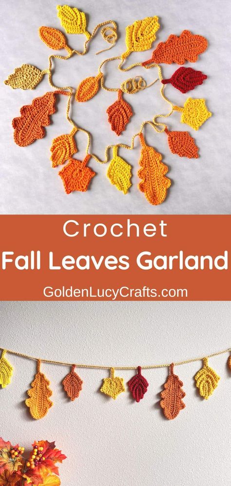 Crochet fall leaves garland, DIY fall home decoration Crochet Fall Garland, Diy Crochet Garland, Crochet Fall Leaves, Fall Leaves Garland, Diy Fall Garland, Leaves Crochet, Thanksgiving Crochet, Leaves Garland, Crochet Bat