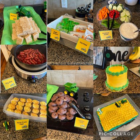 Tractor Birthday Party Snacks, Farming First Birthday Theme, Trucks And Tractors Birthday Party, Tractor Birthday Party Food Ideas, Tractor Theme Birthday Party Food, First Birthday Boy Tractor Theme, 3rd Birthday Farm Theme Boy, Toddler Birthday Party Snacks, John Deere 2nd Birthday Party Ideas