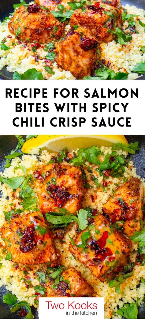 Check out this bold flavorful recipe for salmon bites drizzled with a spicy 4-ingredient sauce featuring coconut milk and chili crisp. Simply delicious! Easy Asian Salmon Recipes, Chili Crisp Salmon, Recipes Using Spicy Chili Crisp, Kokanee Salmon Recipes, Spicy Chili Crisp Recipes, Chili Crisp Recipe Ideas, Spicy Fish Recipes, Chili Crisp Recipe, Spicy Chili Crisp