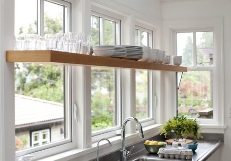 10 Favorites: Rustic Open Shelving in the Kitchen: Remodelista Kitchen Window Shelf, Kitchen Window Shelves, Kitchen Shelf Design, Kitchen Window Design, Window Shelves, Fresh Kitchen, Open Kitchen Shelves, Estantes Flotantes, Beautiful Kitchen