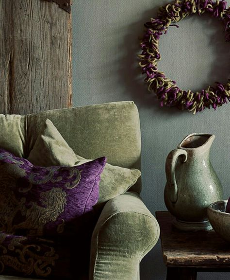 Purple, sage palette Olive And Plum Living Room, Olive Purple Color Palette, Aubergine And Green Interiors, Eggplant And Sage Color Palette, Aubergine Color Palette, Olive Green Rooms, Plum Room, Sage Palette, Olive Green And Purple