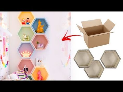 (12238) How to make hexagon wall shelf using cardboard easily - YouTube Hexagon Wall Shelves, Hexagon House, Hexagon Wall Shelf, Cardboard Ideas, Hexagon Wall, Honeycomb Shelves, Hexagon Shelves, Easy Handmade, Quick Crafts