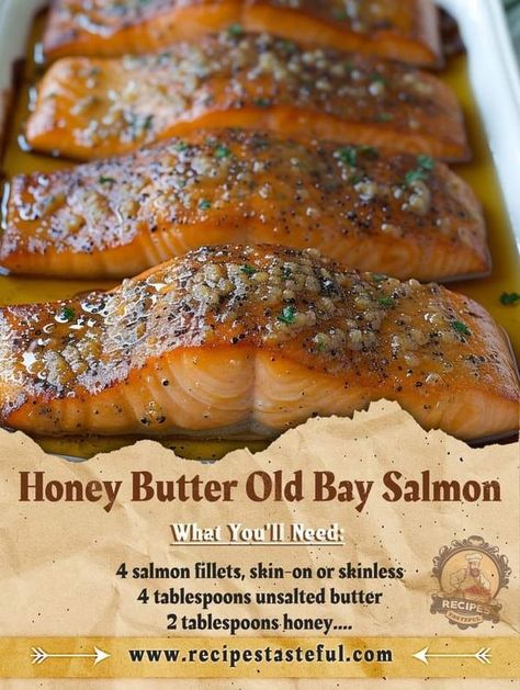 Grandm'a Recipes 1 | The Perfect Honey Butter Old Bay Salmon | Facebook Honey Old Bay Salmon, Honey Butter Old Bay Salmon, Old Bay Salmon, Smoked Corned Beef, Lemon Juice Recipes, Honey Salmon, Melt Recipe, Apple Tea, Jamie Oliver Recipes