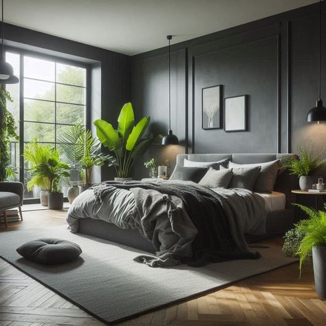 Dark Grey Bedroom Dark Grey Guest Bedroom, Dark Grey Bedroom Carpet, Dark Gray Bedroom Aesthetic, Dark Grey Upholstered Bed Bedroom Ideas, Dark Grey Sheets Bedroom, Dark Grey Bedroom Aesthetic, Grey Walls Bedroom Decor, Slate Grey Bedroom, Dark Grey Bedroom Decor