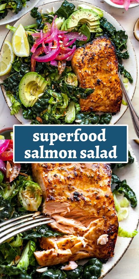 Salad Christmas, Power Greens, Pickled Red Onion, Miso Salmon, Salmon Salad Recipes, Superfood Salad, Healthy Salmon, Superfood Recipes, Salmon Dinner