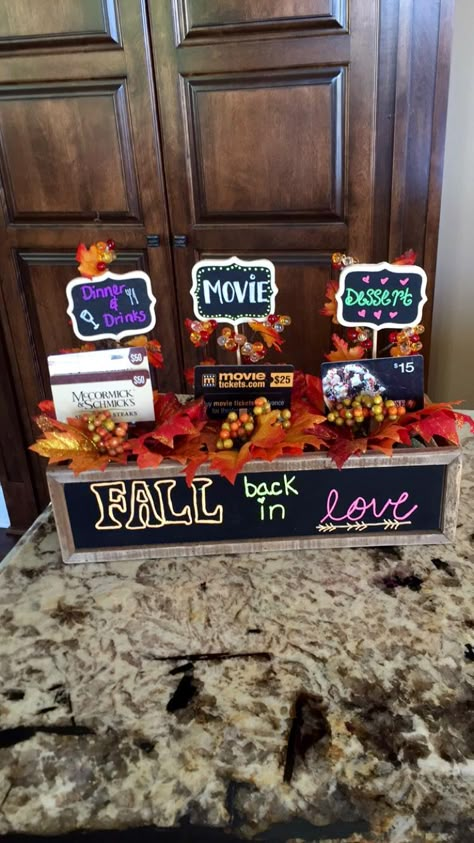 Fall date night gift basket!!                                                                                                                                                                                 More Gift Basket Ideas For Date Night, Date Night Silent Auction Basket, Fall Gift Card Basket Ideas, Date Night Fundraiser Basket, Date Night Out Gift Basket, Date Night Auction Basket, Date Night Gift Card Basket, Date Night Themed Gift Baskets, Date Night Gift Card Ideas