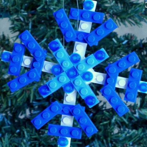 Take inspiration from these fun Lego designs and build your own decorations this year. Lego Snowflake, Lego Christmas Ornaments, Lego Ornaments, Lego Christmas Tree, Christmas Snowflakes Ornaments, Lego Christmas, Lego Activities, Lego Craft, Lego For Kids