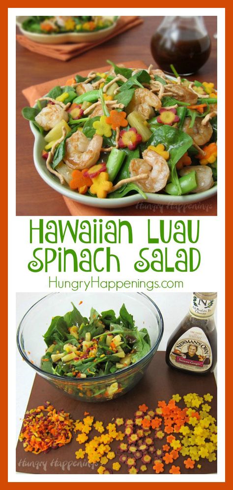 Add a bit of color to your summer salads by tossing in some yellow, orange and purple carrot flowers. This Hawaiian Luau Spinach Salad will make a wonderful lunch for a pool party or any summertime event. This is a sponsored post in partnership with Newman's Own. Backyard Luau Party Ideas Food, Hawaiian Vegetables Side Dishes, Hawaiian Dinners, Hawaiian Salad Recipes, Hawaiian Meals, Hawaiian Appetizers, Party Food Easy Cheap, Hawaiian Party Food, Hawaiian Salad