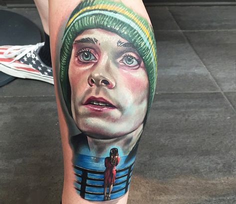 Realistic Movies Tattoo by Alex Rattray Ink | Tattoo No. 14062 Portrait Realistic, Learn To Tattoo, Becoming A Tattoo Artist, Requiem For A Dream, Movie Tattoo, Painted Backdrops, Movie Tattoos, London Tattoo, Realistic Tattoo