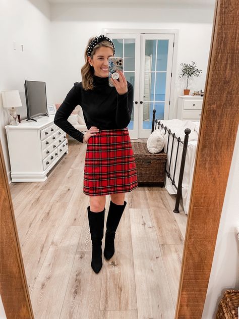 plaid skirt, christmas outfit, dressy christmas outfit, tartan skirt, church outfit Red Skirt Christmas Outfit Ideas, Tartan Plaid Skirt Outfit, Tartan Plaid Skirt, Tartan Skirt Outfit Winter, Plaid Skirt Christmas Outfit, Red Tartan Skirt Outfit, Skirt Church Outfit, Xmas Outfits Women, Skirt Christmas Outfit