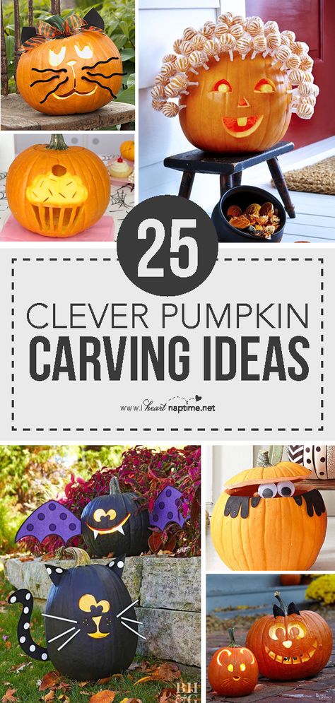 25 Clever Pumpkin Carving Ideas – Creative and adorable pumpkin carving ideas that will bring the whole family together for this favorite fall activity! #pumpkin #pumpkincarving #fall #fallactivities #halloween #halloweenactivities #diy #crafts #iheartnaptime Clever Pumpkin Carving Ideas, Creative Pumpkin Carving Ideas, Pumpkin Cravings, Creative Pumpkin Carving, Easy Pumpkin Carving, Pumpkin Painting Ideas, Fall Activity, Pumpkin Carving Ideas, Diy Designs