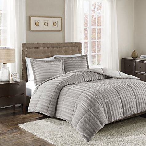 Madison Park Duke King/Cal King Size Bed Comforter Set - Grey, Solid – 3 Pieces Bedding Sets – Faux Fur Plush Bedroom Comforters Best Quilted Comforter, Set USA Madison Park Bedding, Faux Fur Comforter, Faux Fur Bedding, Fur Comforter, Grey Comforter Sets, Fur Bedding, Home Essence, Rustic Bedding, Velvet Bed