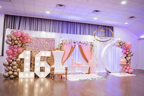 Best Wedding Center - Rosario Star | Event Planner North Bergen, NJ Quinceanera Lounge Area, Backdrop For Sweet 16, Sweet 16 Birthday Backdrop, Sweet 16 Event Ideas, Pink Sweet 16 Backdrop, Sweet 15 Theme Ideas, Sweet 16 Hall Decorations, Light Pink Centerpieces Quince, Sweet 16 Stage Decor