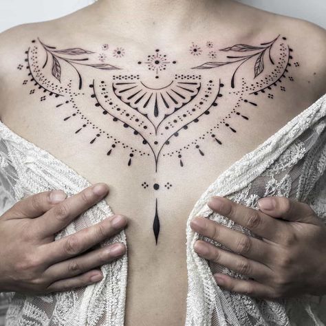 Delicate and Meticulous Tattoo Designs by Blum Chest Tattoo Designs Female, Between Chest Tattoo Female, In Between Chest Tattoo, In Between Chest Tattoo Female, Chest Tattoo Female Upper, Chest Tattoo Female, Paris Tattoo, French Tattoo, Throat Tattoo