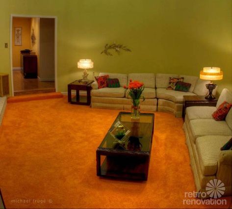 orange shag carpet Shag Rug Living Room, 1970s Interior Design, 70s Living Room, Vintage Living Room Decor, Round Living Room, Newcastle Nsw, Orange Carpet, Shaw Carpet, Retro Interior Design