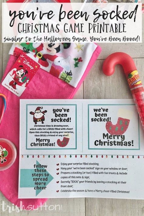 You've Been Socked is the Christmas version of the Halloween game, You've Been BOOed. Sometimes called You've Been Elf'd or You've Been Jingled. #Christmas #Christmasgame #bytrishsutton #freeprintable #youvebeensocked Christmas Version Of Being Booed, You’ve Been Tinseled, Jingled Ideas You've Been, You’ve Been Booed Christmas Version, Youve Been Jingled Ideas, You’ve Been Jingled Ideas, You’ve Been Socked Ideas, You’ve Been Jingled, You’ve Been Elfed Ideas