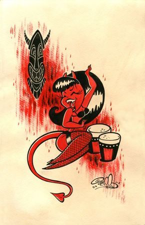 Shawn Dickinson: "Taboo Beat" Shawn Dickinson, Arte Pin Up, Rockabilly Art, Devil Girl, Tiki Art, Dope Cartoon Art, Psychobilly, Art Pop, Pin Up Art