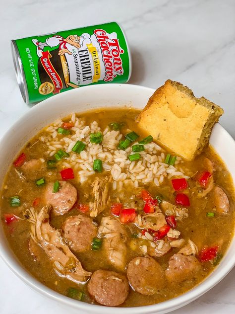 Tony’s Trinity Gumbo | Tony Chachere's Tony Chachere Gumbo Recipe, Gumbo Seasoning, Gumbo Base, Easy Gumbo, Andouille Sausage Gumbo, Gumbo Recipe Easy, Creole Gumbo, Seafood Gumbo Recipe, The Power Of Three