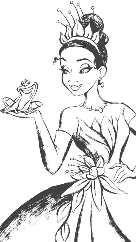 Simple Disney Sketches, Tiana Drawing Sketches, Princess Tiana Sketch, Tiana Crown Tattoo, Princess And The Frog Drawing Ideas, Tiana Princess And The Frog Drawing, Princess And The Frog Sketches, Coloring Pages Disney Characters, Tiana Tattoo Disney