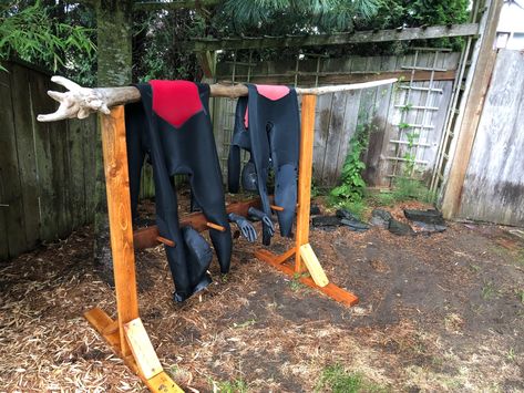 Wetsuit Drying Rack, Camp Exterior, Cornwall House, Garage Organizing, Board Rack, Garage Organize, Wet Suit, Scuba Diving Gear, Diving Gear