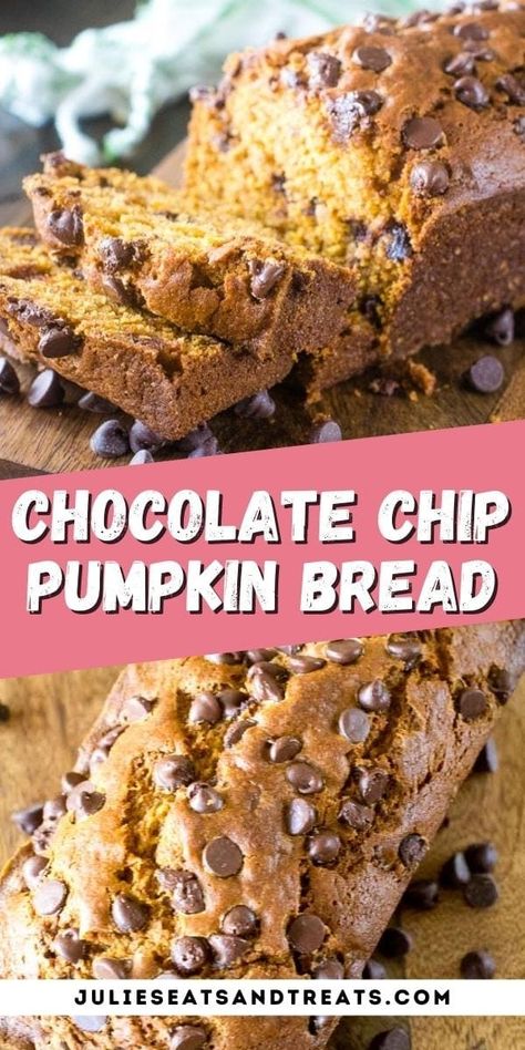 Tender, delicious homemade pumpkin bread stuffed with sweet chocolate chips! This Pumpkin Chocolate Chip Bread is the perfect fall snack for your sweet tooth. I love grabbing a big warm slice, loading it with butter and enjoying it with my coffee in the morning or as an afternoon snack!  #pumpkin #bread Chocolate Chip Bread Recipe, Chocolate Pumpkin Bread, Best Pumpkin Bread Recipe, Chef Savvy, Spicy Chocolate, Moist Pumpkin Bread, Chocolate Chip Bread, Pumpkin Chocolate Chip Bread, Pumpkin Chocolate Chip