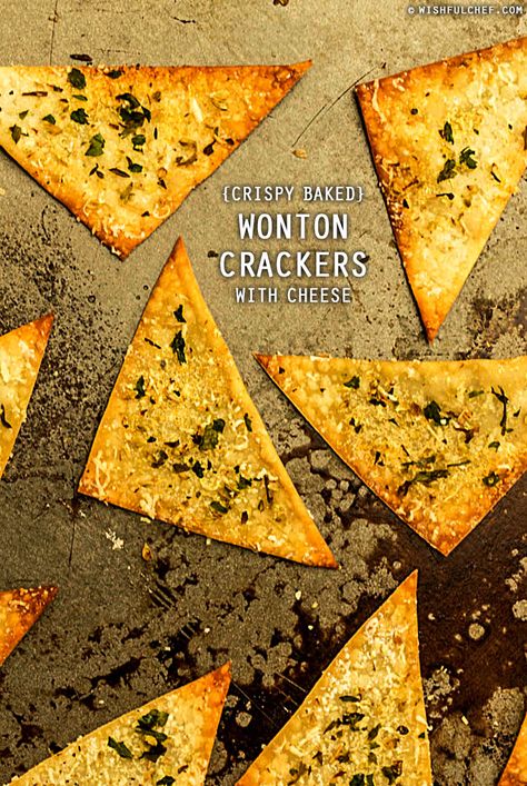 Crispy Baked Wonton Crackers with Cheese - Wishful Chef Cheesy Bacon Wontons, Wonton Crisps Baked, Crispy Baked Wontons, Crunchy Cheese Crisps, Wonton Crackers, Oven Baked Cream Cheese Wontons, Salty Crackers, Baked Wontons, Homemade Crackers Recipe