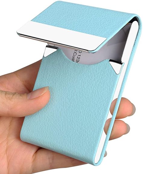 Amazon.com : Business Card Holder Case - JuneLsy Professional PU Leather Business Card Case Metal Name Card Holder Pocket Business Card Carrier for Men & Women with Magnetic Shut (Light Blue-y) : Office Products Card Carrier, Leather Business Card Case, Leather Business Card, Name Card Holder, Magnetic Card, Card Holder Case, Business Card Case, Law Student, Name Card