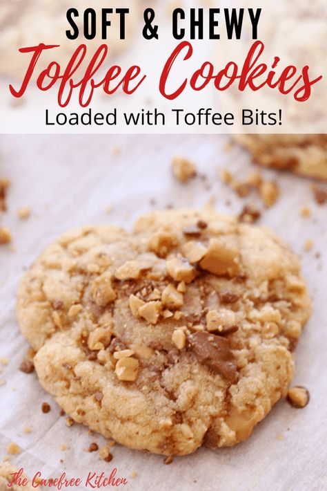 These Heath Toffee Cookies are soft and chewy and loaded with crunchy toffee bits in every bite.  They are a quick and easy delicious alternative to regular chocolate chip cookies. #thecarefreekitchen #toffee #heathtoffeecookies #cookies #toffeecookies Toffee Bits Cookie Recipe, Toffee Bits Recipe, Toffee Cookies Recipe, Heath Cookies, Heath Bar Cookies, Heath Toffee, Toffee Cookie Recipe, Chewy Toffee, Toffee Chips