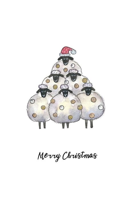 Sketch Christmas Tree, Christmas Sheep Drawing, Christmas Cards With Santa, Sheep Christmas Card, Christmas Cards To Draw, Cute Christmas Cards Drawing, Christmas Aquarelle Card, Christmas Card Drawing Ideas, Watercolour Christmas Cards Ideas